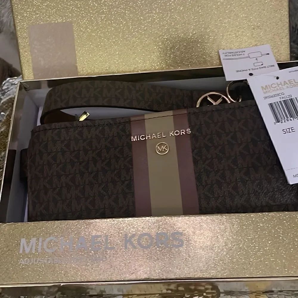 Michael kors signature jacquard belt bag/fanny pack stripe leather logo L/XL